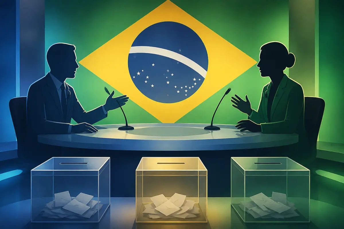 Illustrazione editoriale del voto brasiliano con urne, bandiera del Brasile e sagome di due candidati in un confronto televisivo stilizzato.