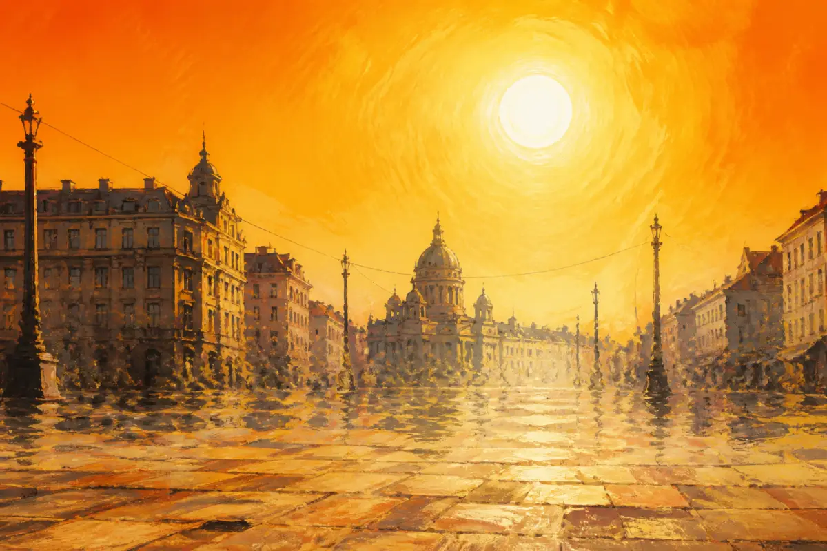 Illustrazione editoriale con una città europea sotto ondata di calore, strade luminose e aria tremolante, senza testo