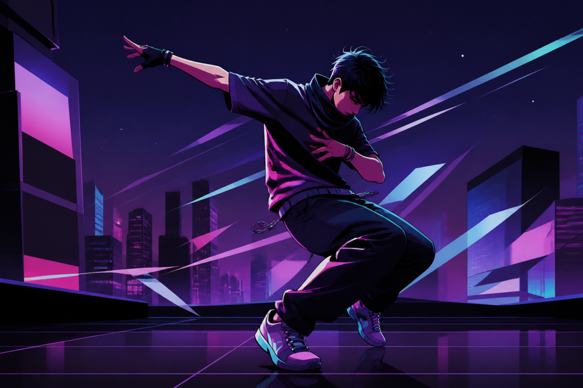 Illustrazione editoriale di un profilo social con riferimenti grafici alla danza e allo stile tecktonik, senza testo e senza elementi documentari realistici