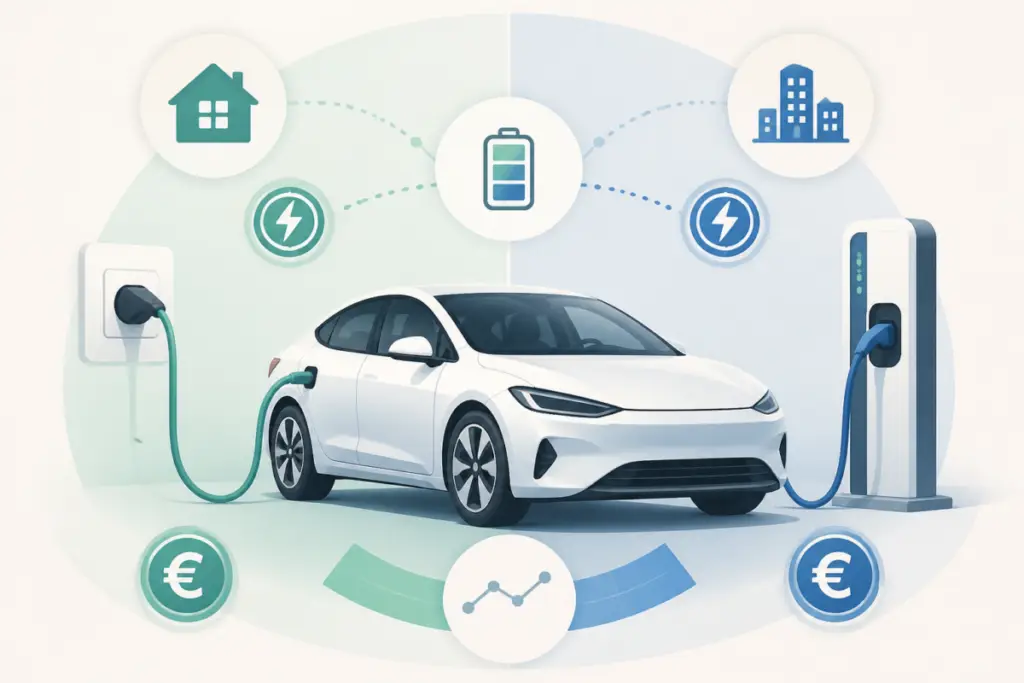 Illustrazione editoriale di un’auto elettrica collegata a una colonnina e a una presa domestica, con simboli di costo e confronto energetico.
