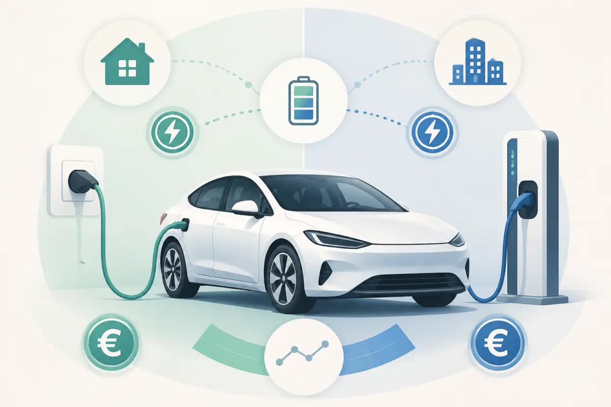 Illustrazione editoriale di un’auto elettrica collegata a una colonnina e a una presa domestica, con simboli di costo e confronto energetico.
