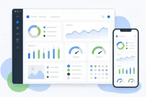 Illustrazione editoriale di una dashboard di analisi web con indicatori di accessibilità e prestazioni su schermo