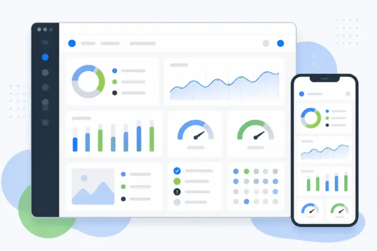 Illustrazione editoriale di una dashboard di analisi web con indicatori di accessibilità e prestazioni su schermo