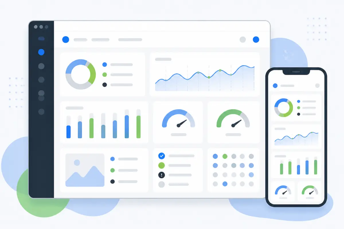 Illustrazione editoriale di una dashboard di analisi web con indicatori di accessibilità e prestazioni su schermo