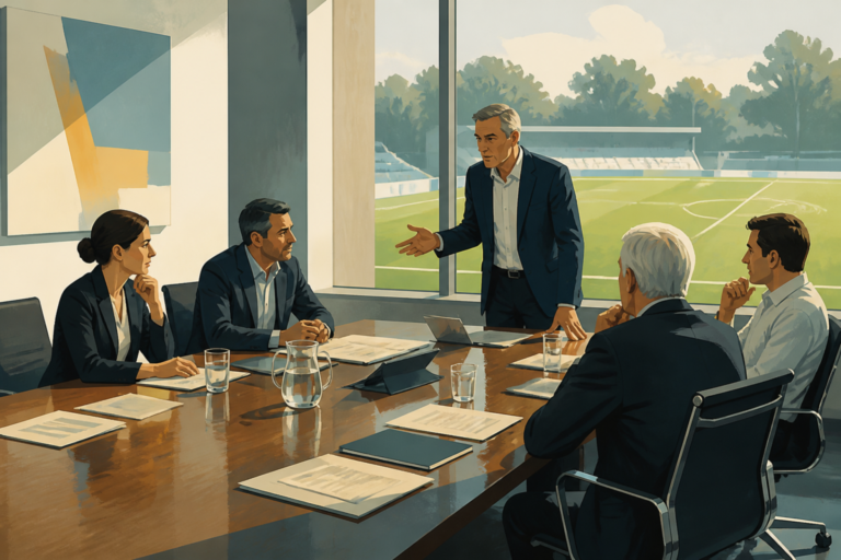Illustrazione editoriale di una riunione istituzionale sullo sfondo di un campo da calcio, con documenti e una sedia vuota al centro, senza elementi testuali