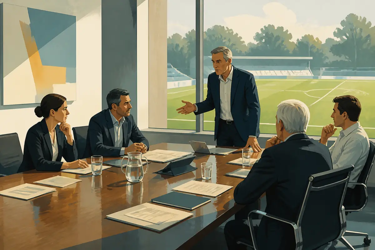 Illustrazione editoriale di una riunione istituzionale sullo sfondo di un campo da calcio, con documenti e una sedia vuota al centro, senza elementi testuali