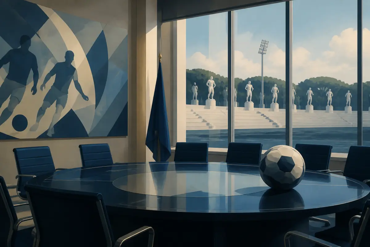 Illustrazione editoriale del Foro Italico con elementi grafici legati a una riunione istituzionale sul calcio, senza testo