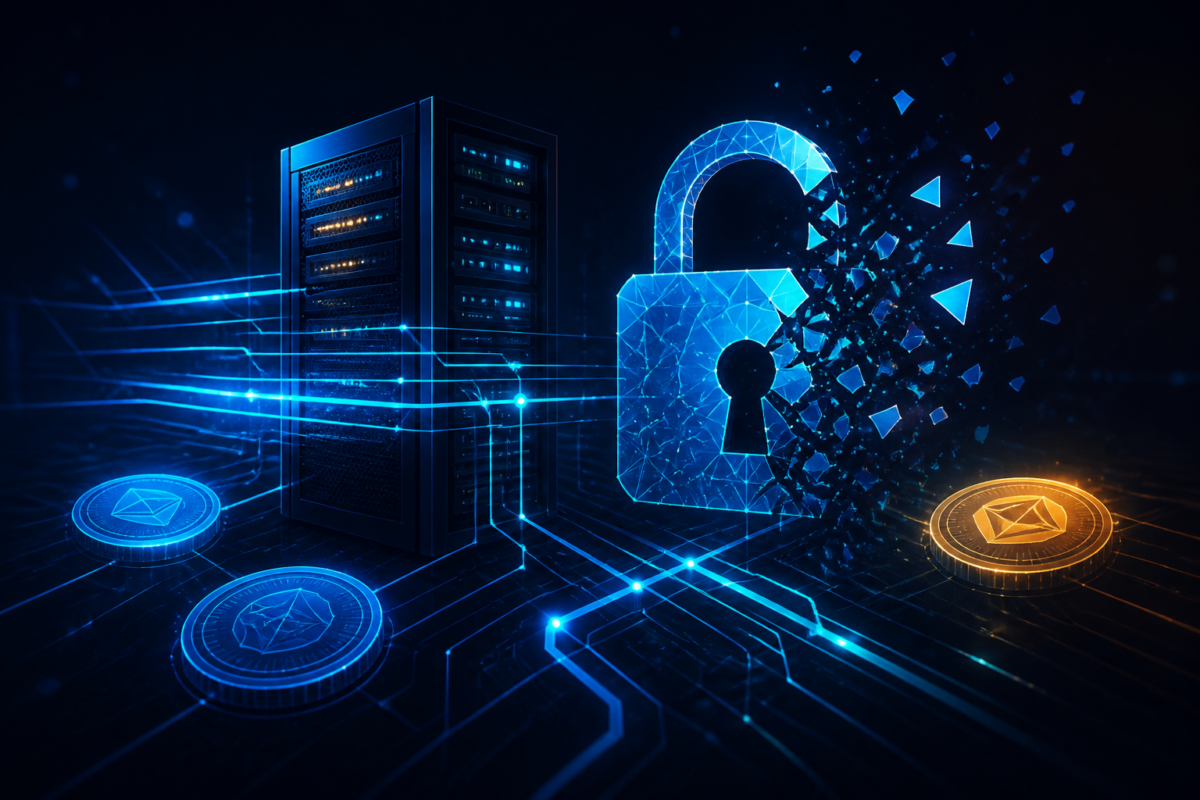 Illustrazione editoriale di un server e di una catena digitale che suggerisce una campagna di cryptomining e furto credenziali, senza elementi realistici o testo in sovrimpressione.