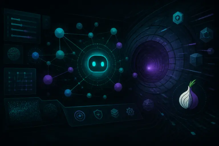 Illustrazione editoriale di un’interfaccia AI stilizzata in un ambiente darknet astratto, con elementi tecnici e atmosfera cupa, senza testo