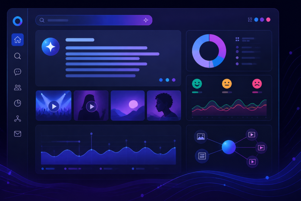 Illustrazione editoriale di una dashboard di social intelligence con grafici, risultati di ricerca e icone di contenuti social, in stile pulito e moderno