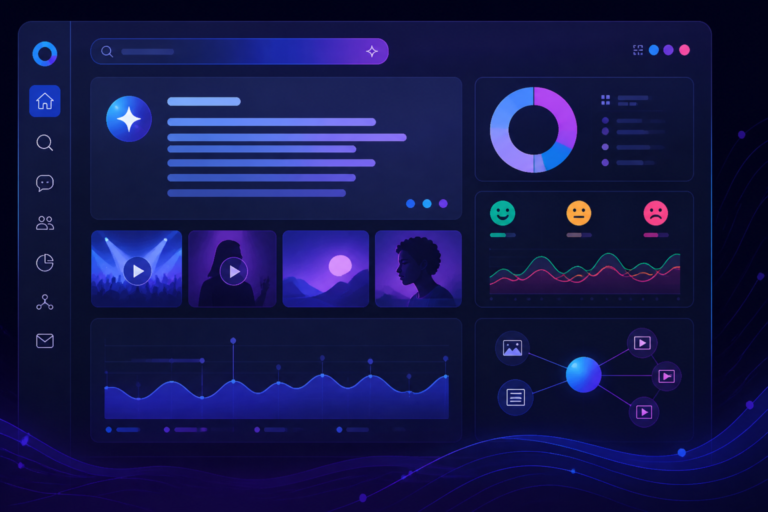 Illustrazione editoriale di una dashboard di social intelligence con grafici, risultati di ricerca e icone di contenuti social, in stile pulito e moderno