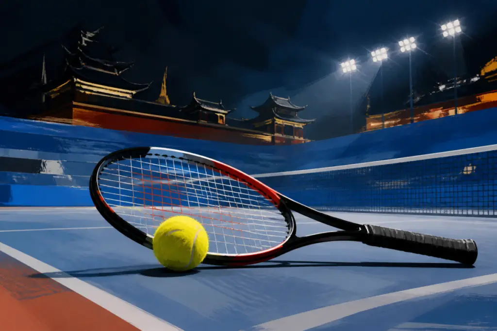 Illustrazione editoriale di un campo da tennis a Pechino con una racchetta e una pallina in primo piano, atmosfera da torneo internazionale.