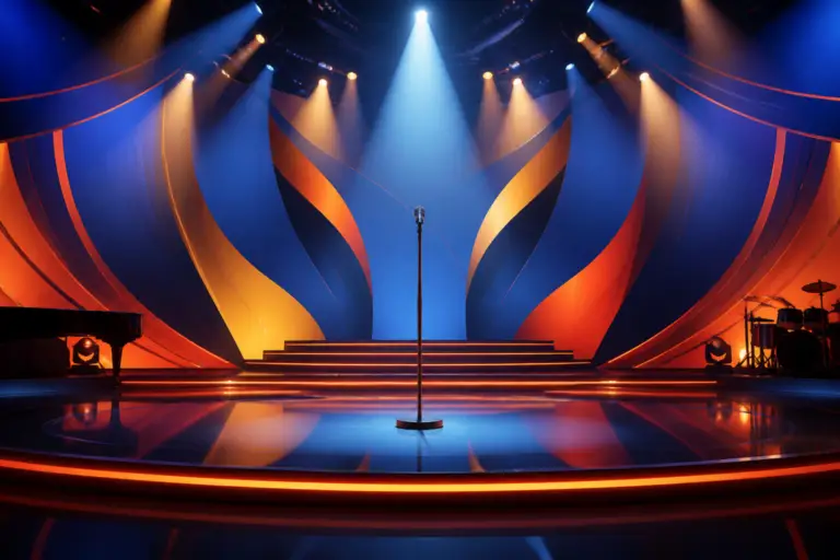 Illustrazione editoriale di un palco televisivo con luci colorate e un microfono al centro, in un contesto legato a Sanremo e agli ospiti annunciati o ipotizzati.