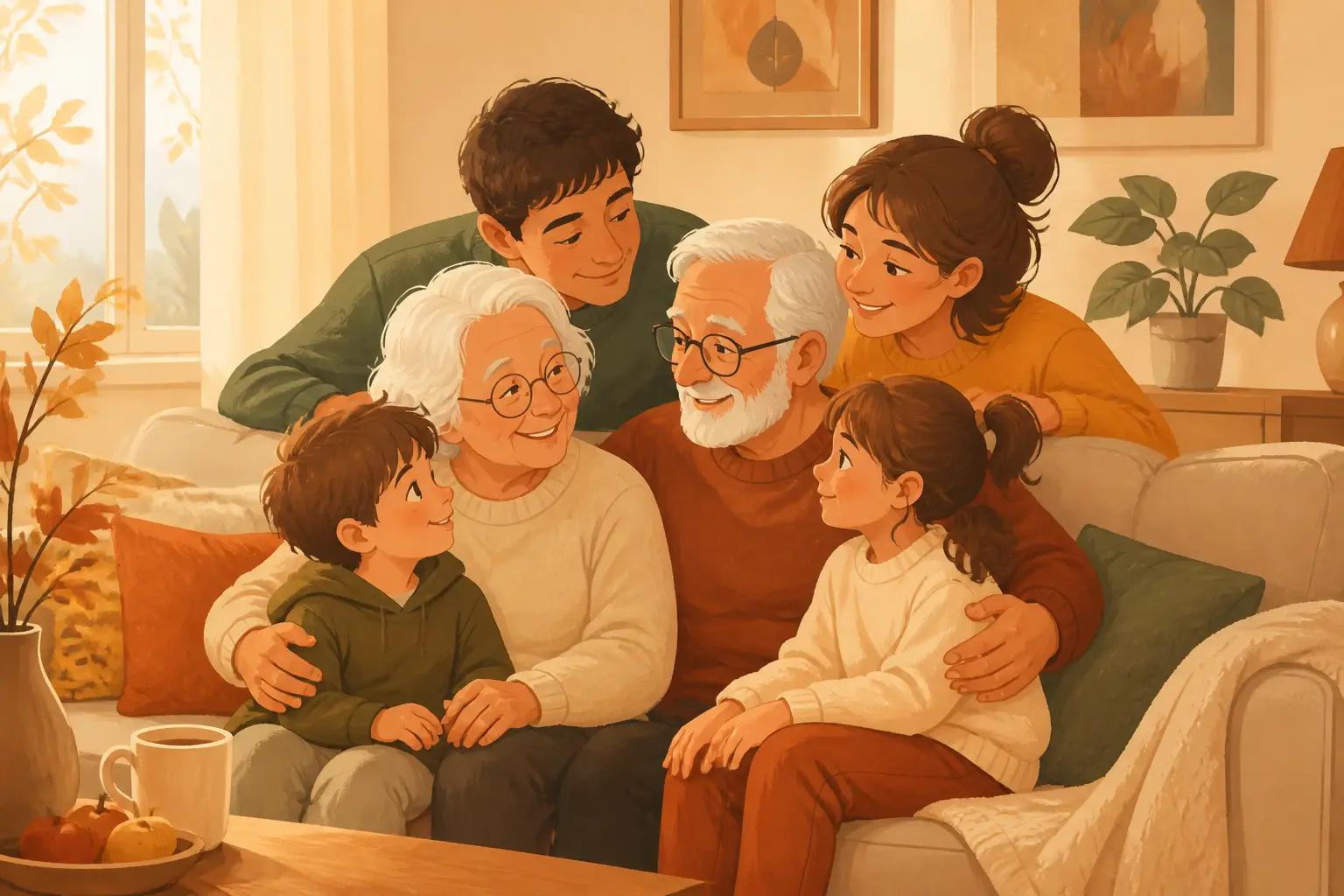 Illustrazione editoriale con due nonni sorridenti e una famiglia riunita in un ambiente domestico luminoso, senza testo