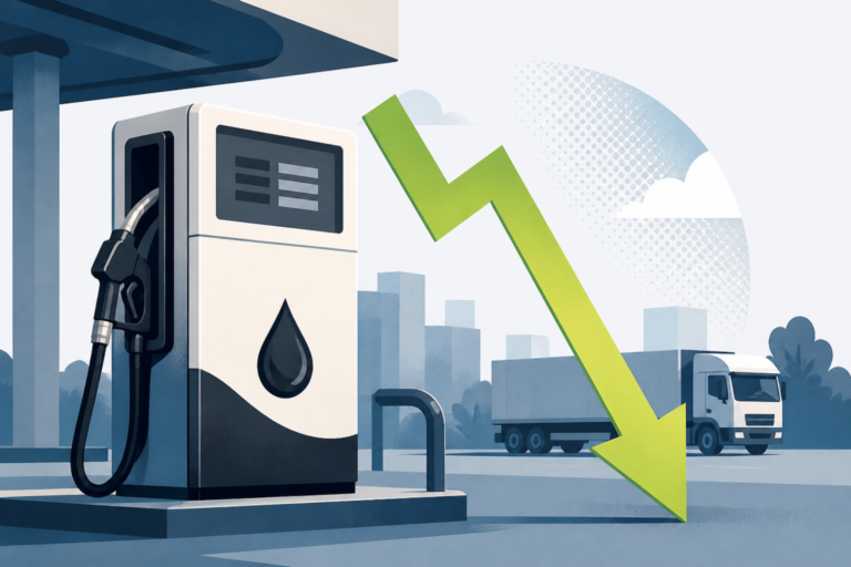 Illustrazione editoriale di un distributore di gasolio con segnaletica neutra e grafica di riduzione del prezzo, senza testo.
