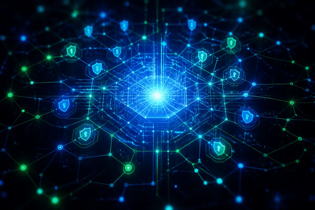 Illustrazione editoriale di un sistema AI rappresentato come una rete luminosa blu e verde con elementi che richiamano la cybersicurezza, su sfondo scuro e senza testo.