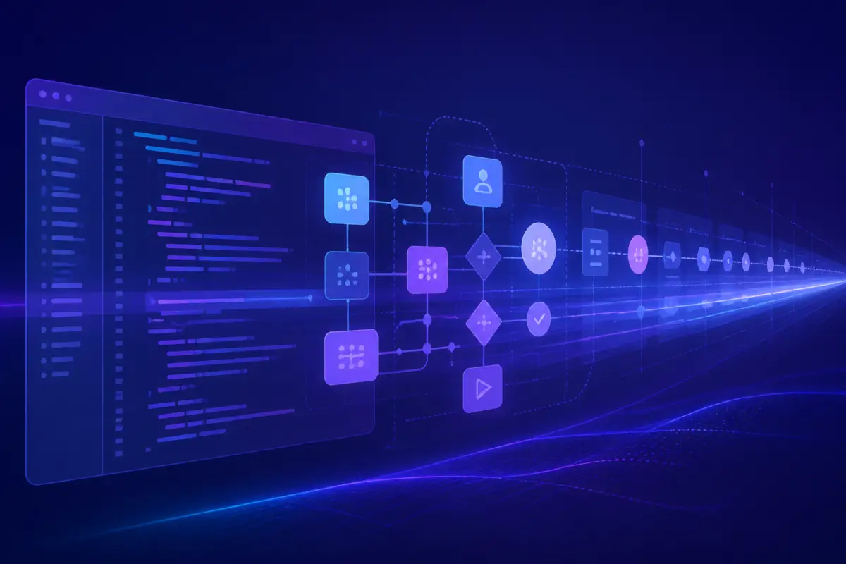 Illustrazione editoriale di un'interfaccia AI con codice, nodi di rete e una lunga sequenza di documenti digitali che suggerisce un modello per coding e contesto esteso.