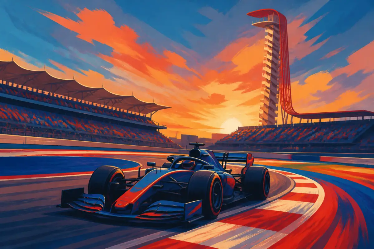 Illustrazione editoriale di una monoposto di Formula 1 su un circuito texano al tramonto, con accenti blu e arancioni e atmosfera da gara ad alta velocità.