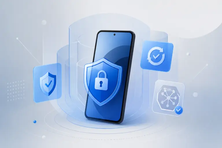 Illustrazione editoriale di uno smartphone protetto da strati digitali, con icone di lucchetto, aggiornamento e verifica del sistema