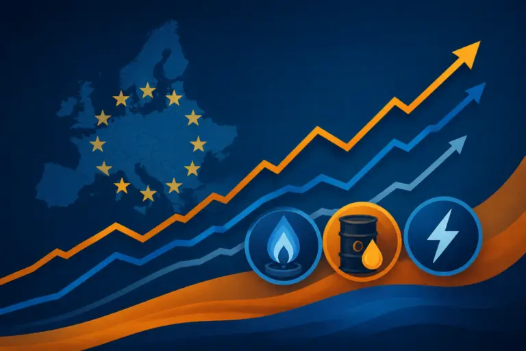 Illustrazione editoriale di un grafico dell’inflazione con simboli di energia, gas e petrolio in stile infografico pulito