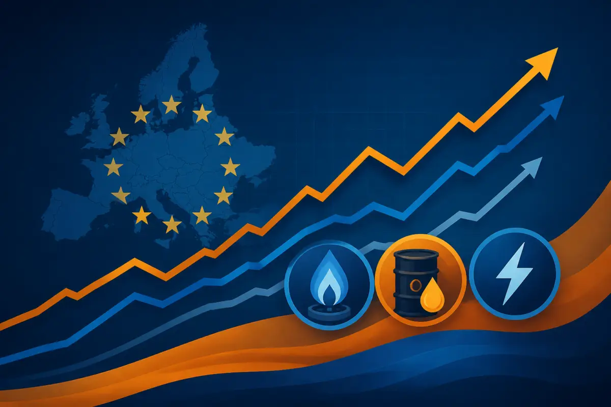 Illustrazione editoriale di un grafico dell’inflazione con simboli di energia, gas e petrolio in stile infografico pulito