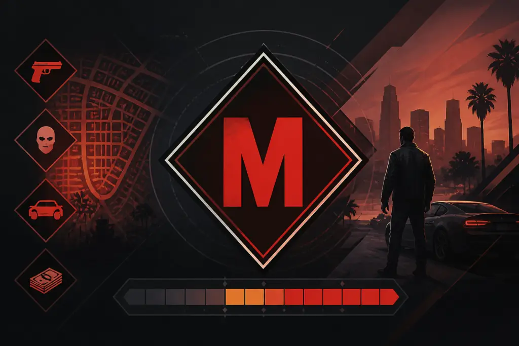 Illustrazione editoriale di una schermata di classificazione videoludica con simbolo M per pubblico maturo e riferimenti generici a un grande gioco open world, senza testi leggibili.