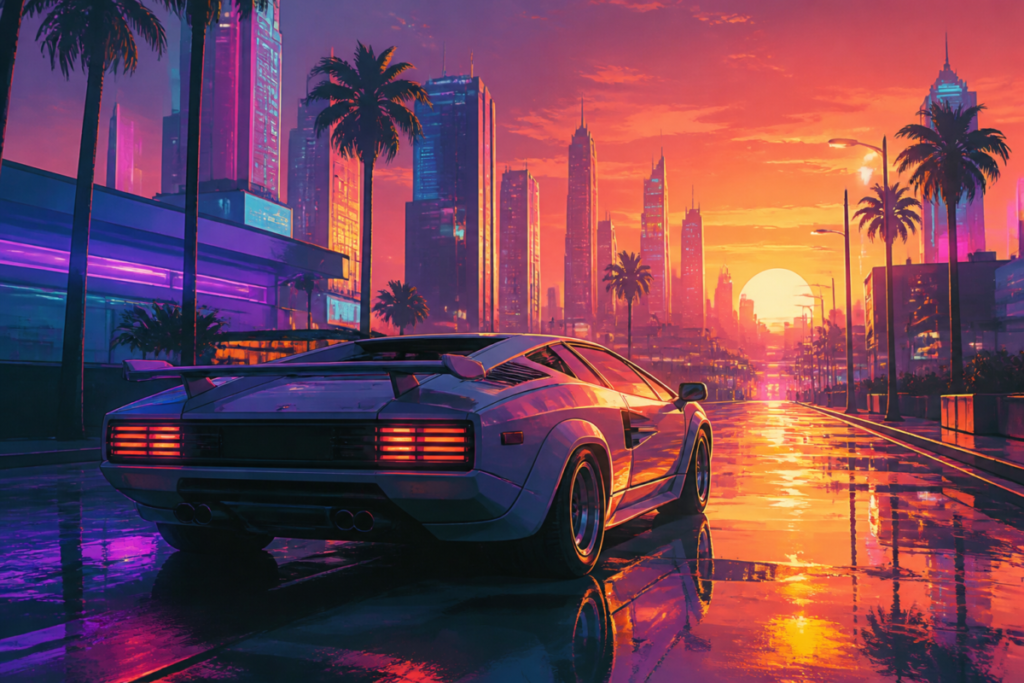 Illustrazione editoriale con una scena urbana stilizzata ispirata a GTA VI, con un’auto sportiva al tramonto e colori neon, senza testo