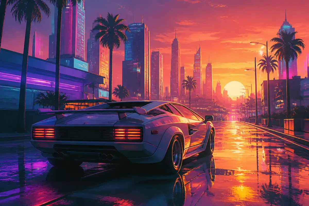 Illustrazione editoriale con una scena urbana stilizzata ispirata a GTA VI, con un’auto sportiva al tramonto e colori neon, senza testo