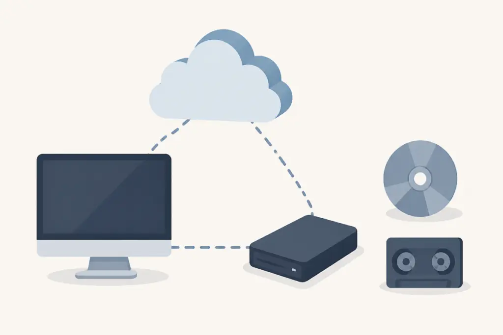 Illustrazione editoriale di tre livelli di backup: computer, disco esterno e cloud, collegati da linee schematiche