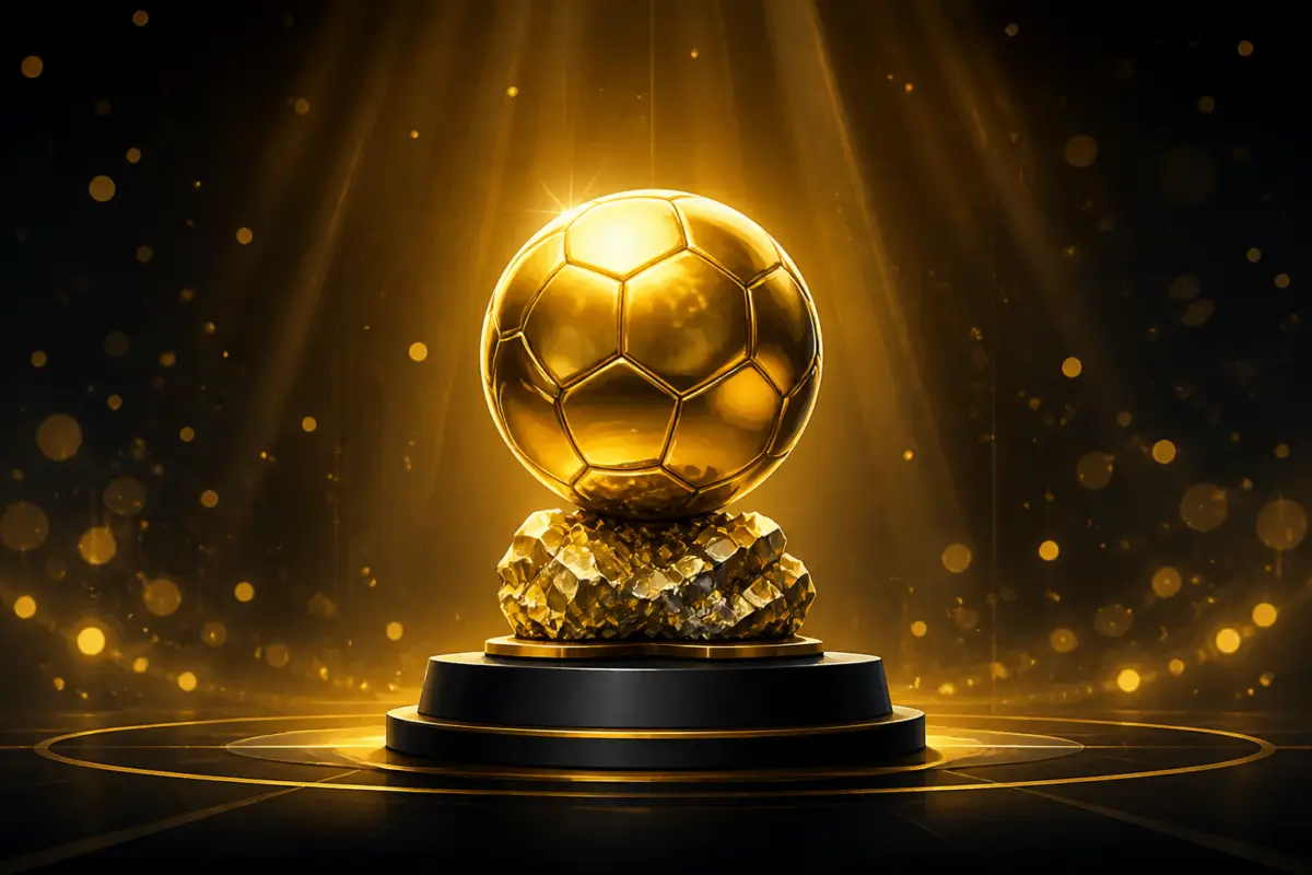 Illustrazione editoriale del Pallone d’Oro con un trofeo stilizzato e luci dorate su sfondo scuro, senza testo.