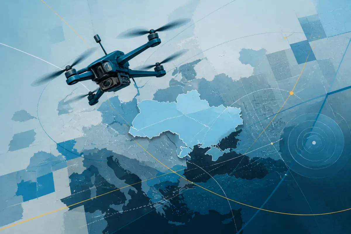 Illustrazione editoriale di un drone FPV stilizzato sopra una mappa astratta che richiama Ucraina e America Latina, senza testo e senza elementi fotografici realistici.