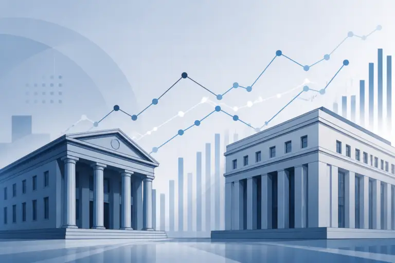 Illustrazione editoriale con edifici bancari stilizzati e grafici finanziari essenziali, senza testo