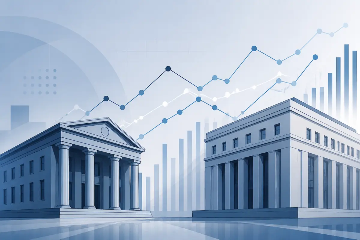 Illustrazione editoriale con edifici bancari stilizzati e grafici finanziari essenziali, senza testo