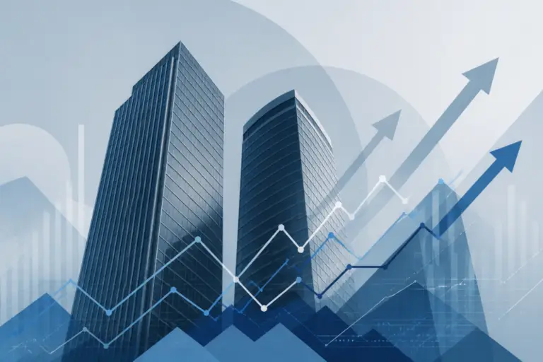 Illustrazione editoriale di due edifici bancari stilizzati e un grafico in salita, a rappresentare una trattativa finanziaria in corso