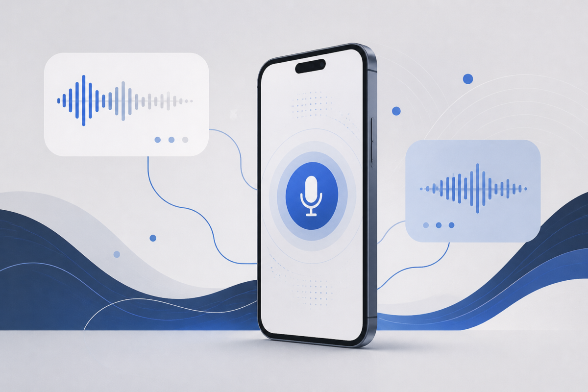 Illustrazione editoriale di uno smartphone con un'interfaccia vocale astratta e un'onda di dialogo che collega due conversazioni successive, senza testo visibile.