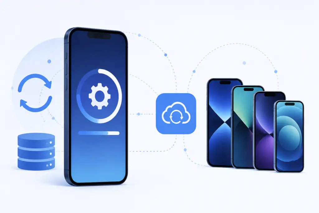 Illustrazione editoriale di uno smartphone con schermata di aggiornamento software e un elenco compatibilità stilizzato, senza testo leggibile