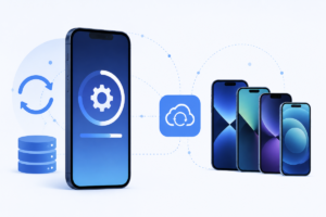 Illustrazione editoriale di uno smartphone con schermata di aggiornamento software e un elenco compatibilità stilizzato, senza testo leggibile