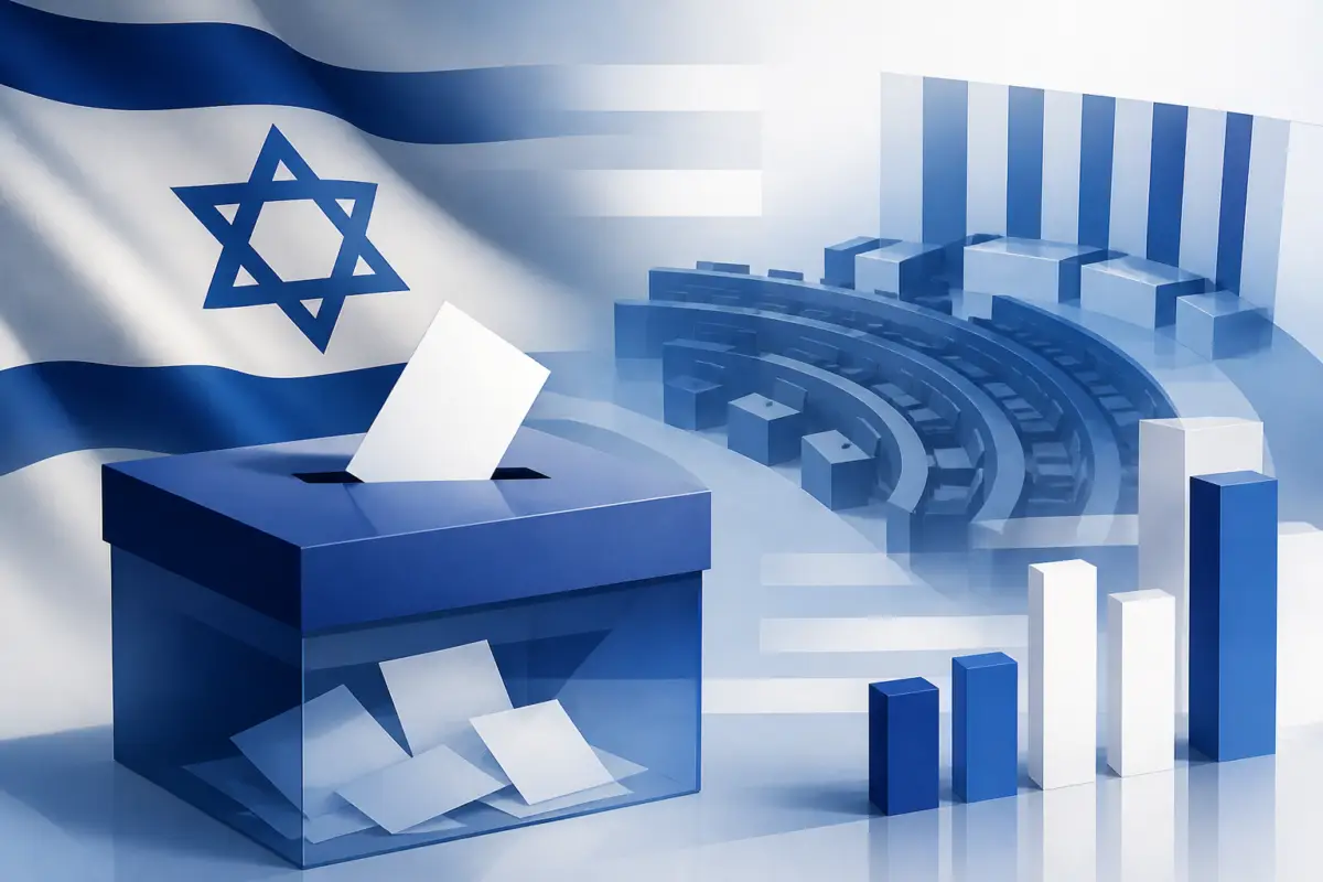 Illustrazione editoriale con una scheda elettorale stilizzata, bandiere israeliane e grafici del conteggio voti in evidenza