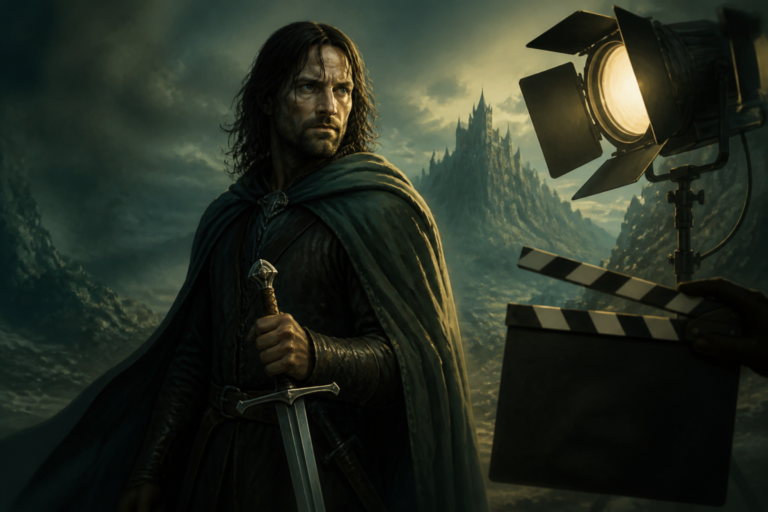 Illustrazione editoriale di un guerriero fantasy con spada, ispirata al personaggio di Aragorn, accanto a un ciak cinematografico