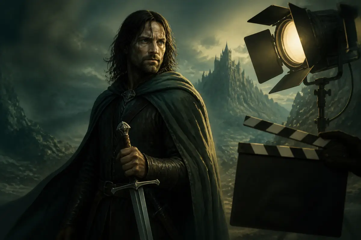Illustrazione editoriale di un guerriero fantasy con spada, ispirata al personaggio di Aragorn, accanto a un ciak cinematografico