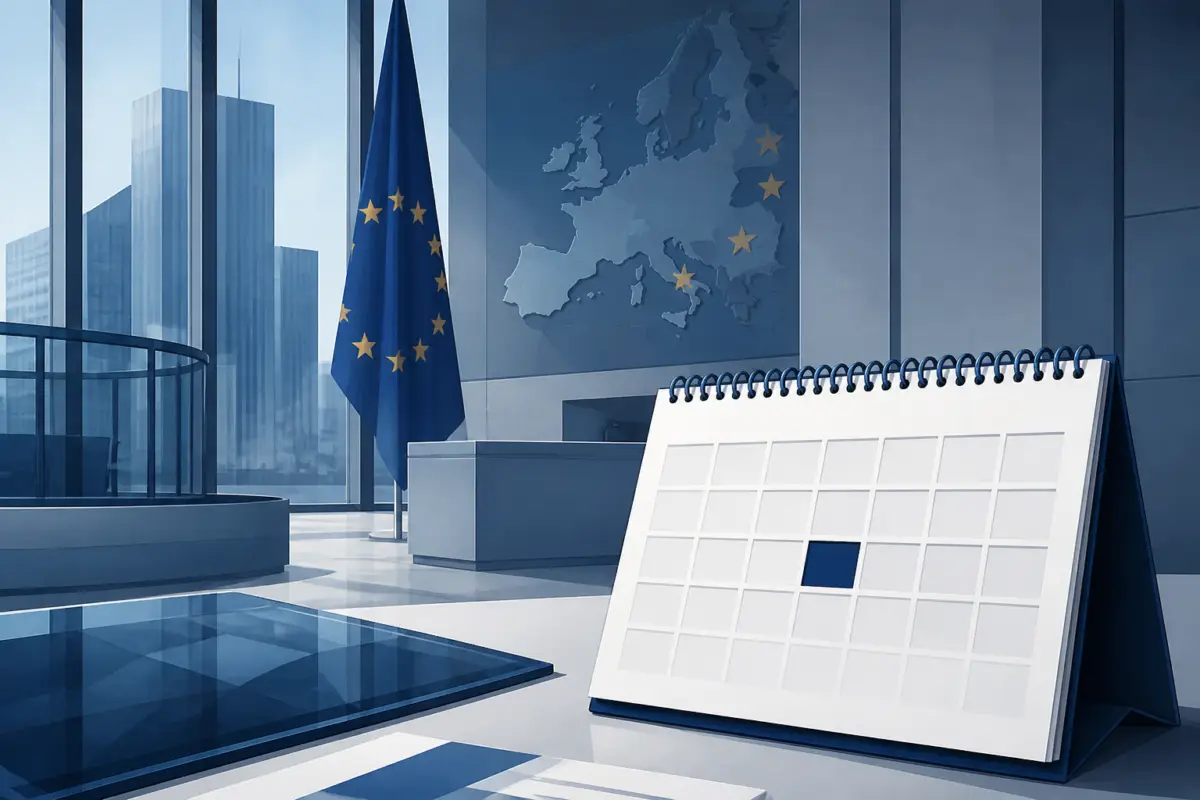 Illustrazione editoriale della sede della BCE con una figura istituzionale in primo piano e un calendario che evidenzia la data del 7 febbraio 2027, senza elementi testuali