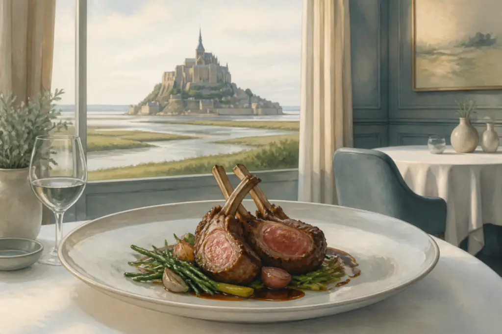 Illustrazione editoriale di un piatto di agnello servito in un ristorante vicino al Mont Saint-Michel, con atmosfera della baia e colori naturali.