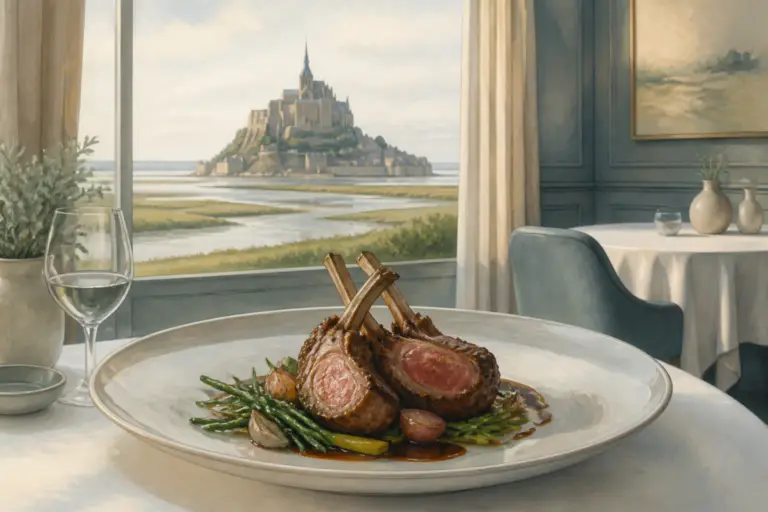 Illustrazione editoriale di un piatto di agnello servito in un ristorante vicino al Mont Saint-Michel, con atmosfera della baia e colori naturali.