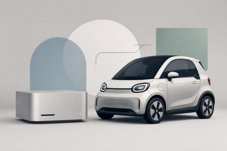 Illustrazione editoriale di un Mac Studio affiancato a una city car elettrica, con elementi grafici puliti e senza testi.