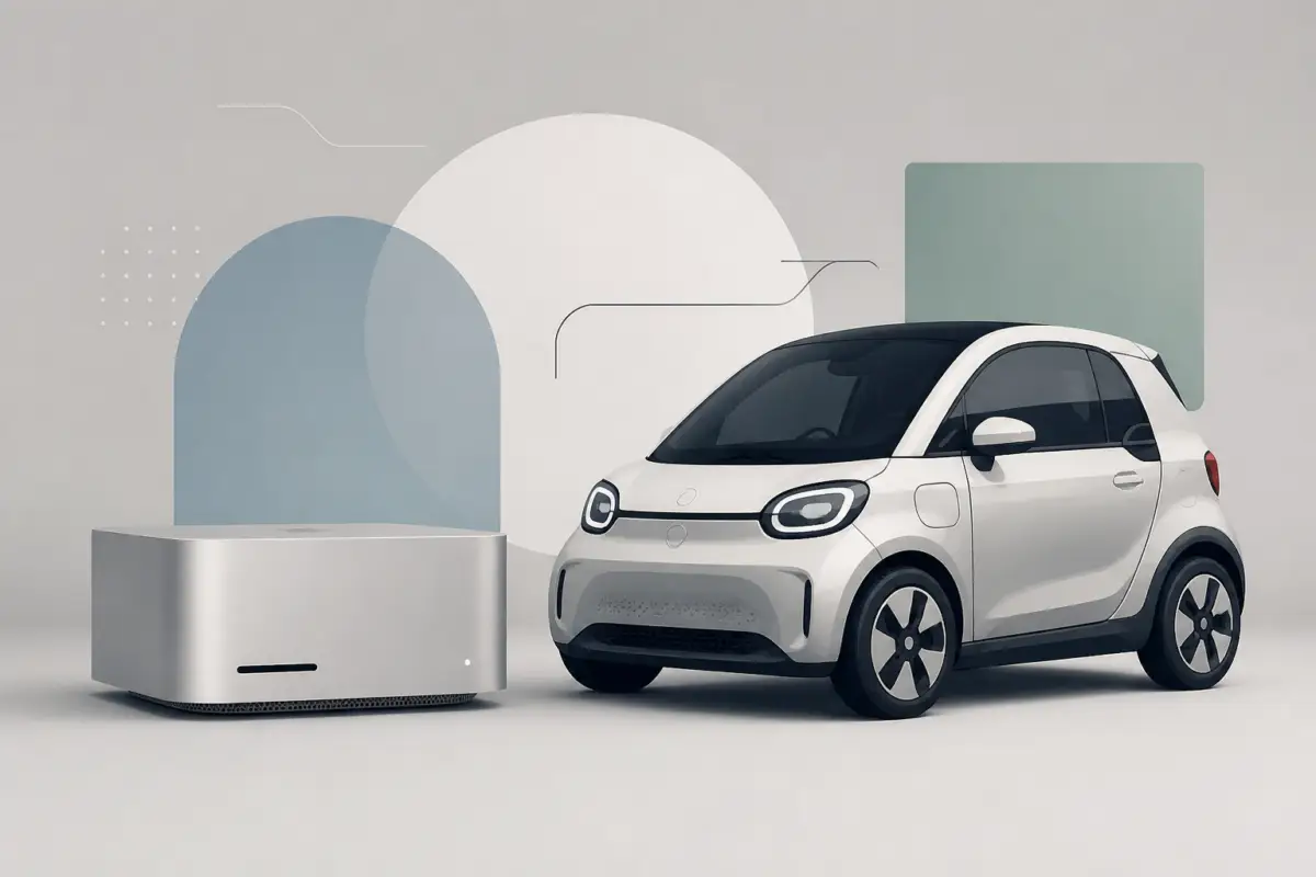 Illustrazione editoriale di un Mac Studio affiancato a una city car elettrica, con elementi grafici puliti e senza testi.