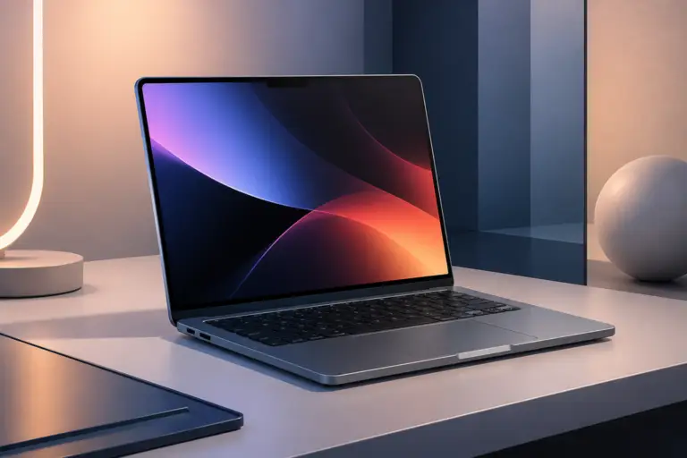 Illustrazione editoriale di un MacBook Pro moderno con schermo luminoso e interfaccia macOS stilizzata, senza testo