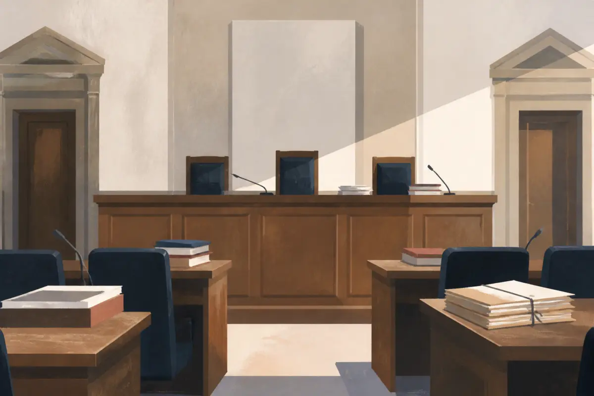 Illustrazione editoriale di un’aula di tribunale italiana con un banco dei giudici e fascicoli, resa in stile sobrio e senza elementi fotografici realistici