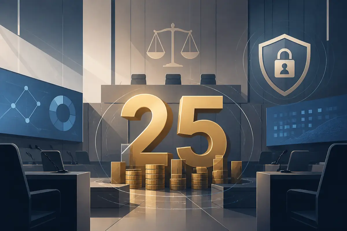 Illustrazione editoriale di un’aula di tribunale stilizzata con simboli digitali e un grande numerale 25 miliardi, senza testo e senza riferimenti fotografici reali.
