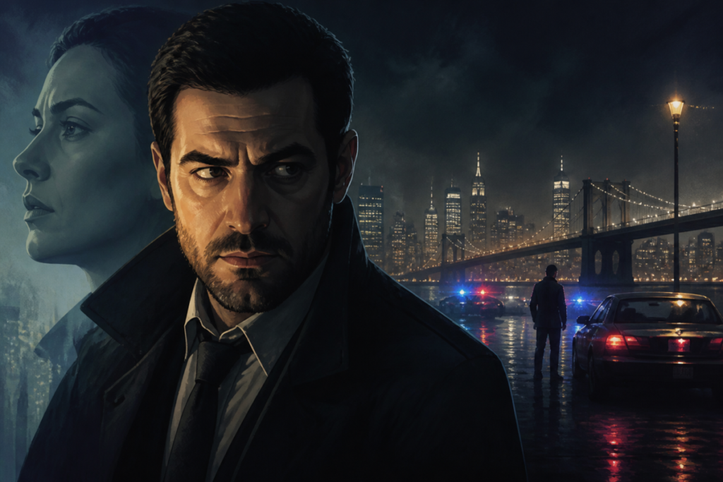 Illustrazione editoriale di una città notturna con luci basse e atmosfera tesa, per accompagnare un articolo su MobLand 2x04