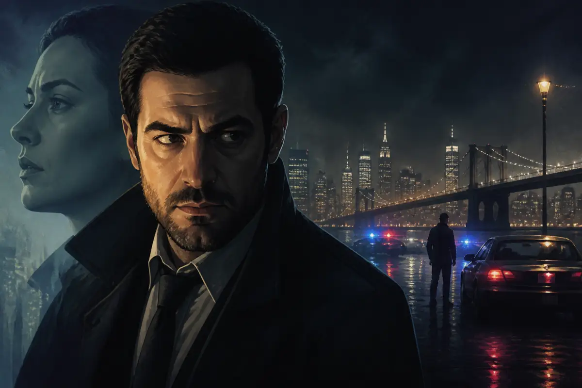 Illustrazione editoriale di una città notturna con luci basse e atmosfera tesa, per accompagnare un articolo su MobLand 2x04